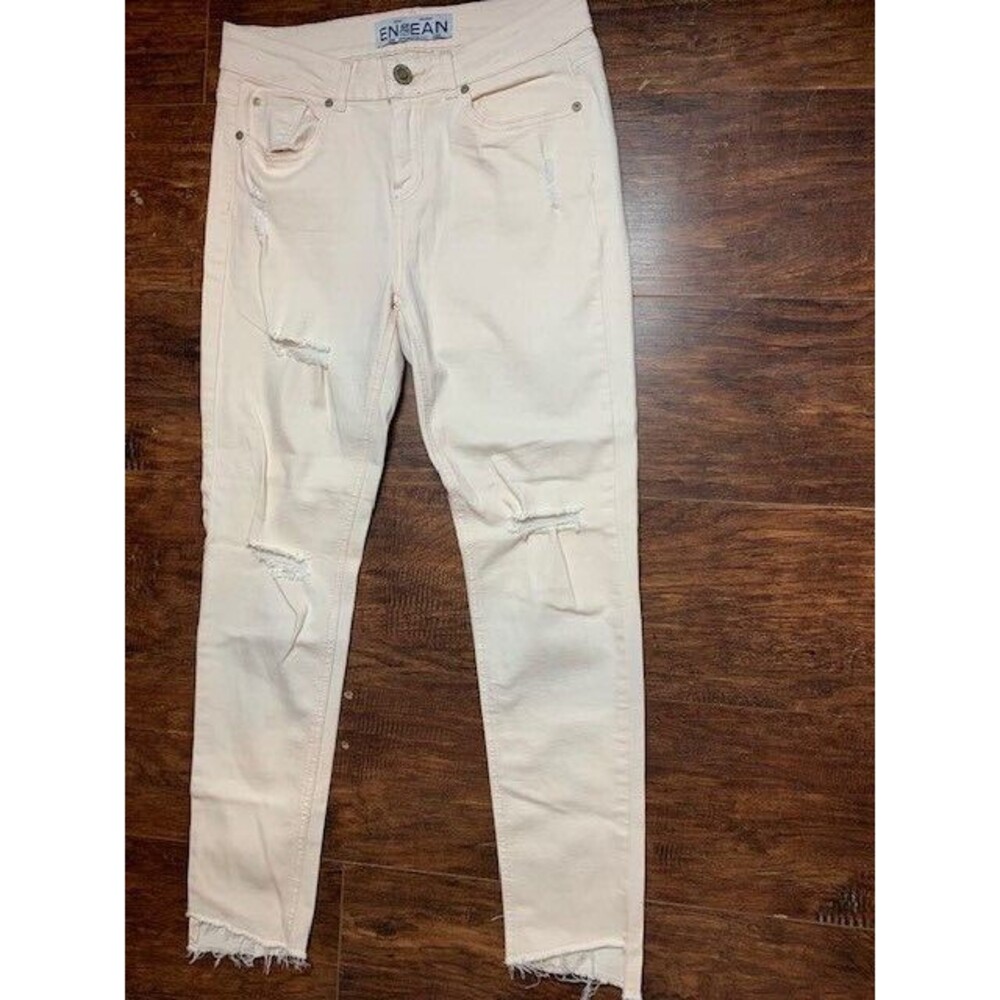 EnJean Size 9 Womens Jeans Peach Skinny Distressed Raw Hem Mid Rise Stretch